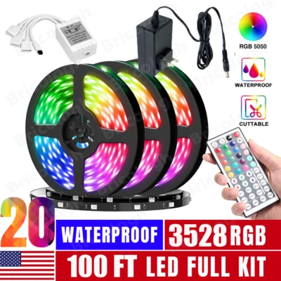 100FT Flexible 3528 RGB LED Strip Light Remote Fairy Light Room Party Waterproof - Image 1 of 4