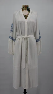 FRNCH Paris XS Dress Linen Bl White Blue Embroider Boho Pockets Button Down #184 - Picture 1 of 24