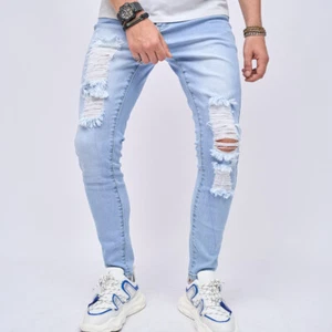 Freizeit Denim mit Löchern schmale Passform kleine Fußstretchjeans Herren einfarbige Hose - Bild 1 von 5