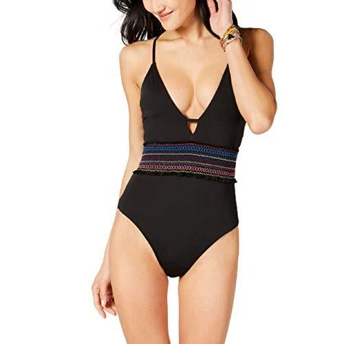 MSRP $88 Bar III Smocked Plunging One-Piece Swimsuit Black Size Small - Image 1 of 1