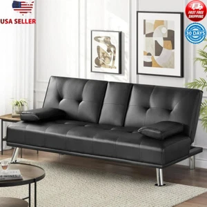Reclining Futon Sofa Bed Faux Leather Cupholders Removable Armrest Small Space - Picture 1 of 4