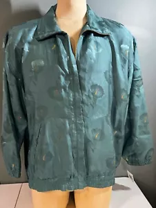 Vintage EVR Silk Bomber Jacket Womens XL Teal Blue Green Flowers Oversized NWT - Picture 1 of 11