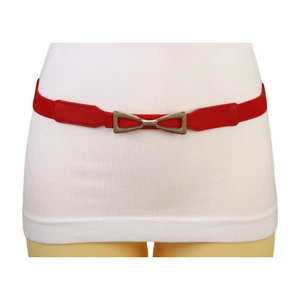 Women Red Elastic Waistband Skinny Belt Gold Metal Bow Tie Buckle Fit Size S M - Picture 1 of 24