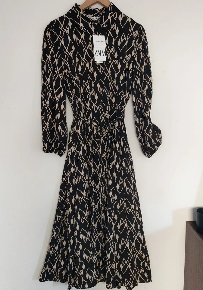Zara New Long Printed Midi Dress Shirt Belted Black S M BNWT