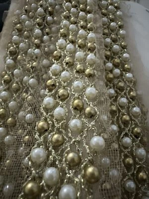 1 Yard gold white Pearl Beaded Trim Chain Bridal Wedding Ribbon Belt