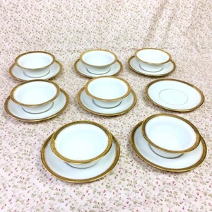 Antique Limoges France 4" Porcelain Sauce Custard Bowls & Plates Gold Trim 15pc - Picture 1 of 12
