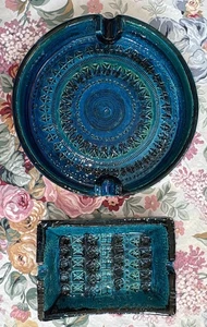 VTG MCM Aldo Londi Bitossi Italy Rimini Blue Deep Large Round & Square Ashtrays - Picture 1 of 24