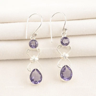 925 Sterling Silver Pear Natural Iolite Wedding Mother Hook Dangling Earrings - Image 1 of 4