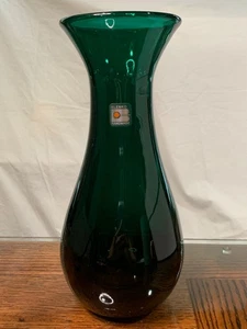 Vtg Blenko Hand Blown Glass Emerald Green Vase 10 1/4" #7029 with Label - Picture 1 of 5