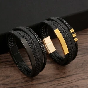 Men's Braided Leather Bracelet Bangle Wristband Layered Stainless Steel Clasp - Picture 1 of 16