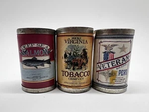 3 Vintage Mini Tin Set Deep Sea Salmon Veteran Brand Peas Smoke Virginia Tobacco - Picture 1 of 5