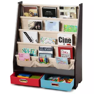 Kids Book Rack Toys Organizer Shelves w/ 4 Sling Bookshelf & 2 Boxes Espresso - Picture 1 of 12
