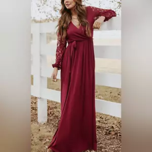 NWT Women’s Maroon Faux Wrap Belted Maxi Dress Lace Long Sleeve - Size Medium - Picture 1 of 8
