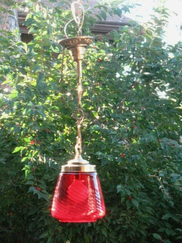 Antique Ceiling Light Fixture Pendent Cranberry Red Glass Shade Brass Hardware Cover