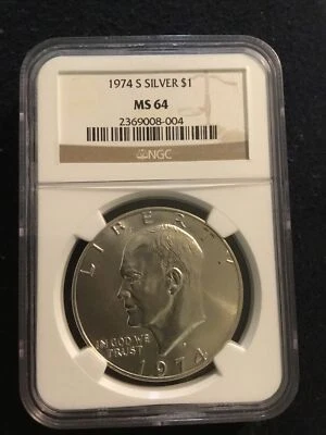 1974 S NGC MS 64 Eisenhower Silver Dollar, USA Silver $1 Coin, Moon Landing Rev. - Image 1 of 4