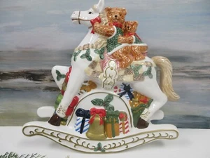VINTAGE PORCELAIN MUSICAL ROCKING HORSE WITH 2 BEARS - Picture 1 of 9