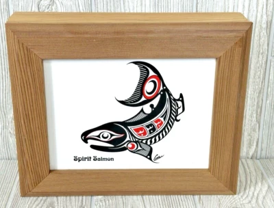 Caja de azulejos de madera Spirit Salmon firmada por artista salmón negro y rojo pesca casa de lago Foto 1 de 4