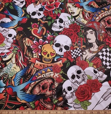 Hermoso Diseño Día de la Muerte Estampado Poli Spandex Tela Foto 1 de 4