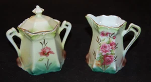 Antique German Porcelain Creamer Sugar Bowl Set Double Handle Roses - Picture 1 of 14