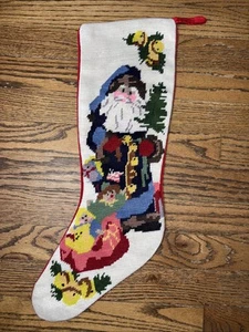 Vintage Needlepoint Christmas Santa Toys Stocking Red Velvet Left Hanging - Picture 1 of 7