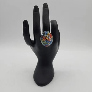 Multicolor Millefiori Murano Glass Stainless Steel Cocktail Ring Size 8, Italy - Picture 1 of 7