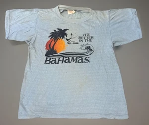 T-shirt grande vintage anni 70 80 Bahamas spiaggia palma gabbiano blu vacanze - Foto 1 di 6