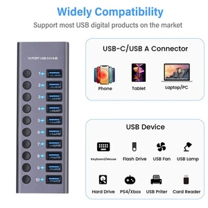 10-Port USB 3.0 Hub with Individual Power 5gbps And Fast Charging - Zdjęcie 1 z 5