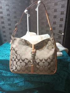 Coach Handbag Purse 6091 Signature Khaki Nubuck Tan Leather /Canvas Handbag - Picture 1 of 12