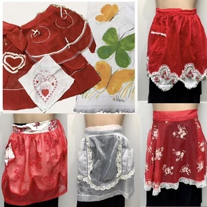 8Pc LOT) VTG 1950s RED VALENTINE ORGANDY & Sheer 1/2 Aprons, VERA KITCHEN TOWEL - Picture 1 of 21