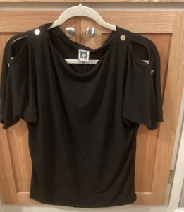 Ann Klein Black Pullover Top Slit Short Sleeves Gold Buttons Scoop Neck Small - Picture 1 of 4