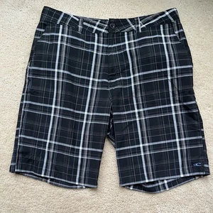 O’Neill Men’s Black Plaid Flat Front Chino Shorts - Sz 36 - EUC - Poly/Viscose - Picture 1 of 9