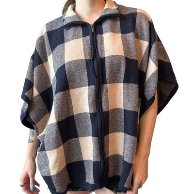 Jones New York Women's Poncho | Size 2X/3X | Blue & Cream Plaid Knit Wrap - Image 1 of 4