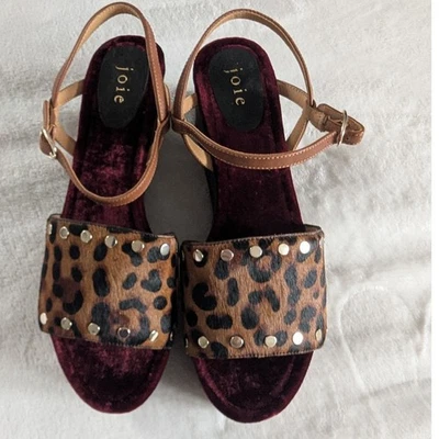Joie Galla Leopard Calk Hair Platform Sandals Velvet Burgundy Gold Studs 39.5 - Image 1 of 4