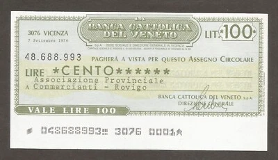 Italy - Banca Cattolica del Veneto 100 Lire 7.9.1976; UNC; BCAT.050; Miniassegni - Image 1 of 2