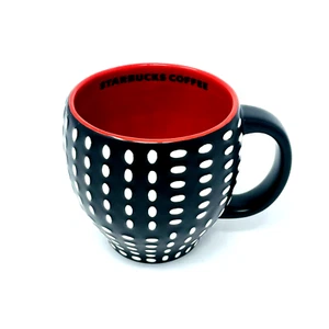 Starbucks 2008 Coffee Mug Black w/ White Dots, Red Interior, New Bone China EUC - Picture 1 of 6