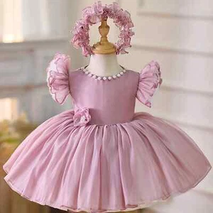 Blue Baby Puffy Sleeve Girl Dress Knee Length Princess Birthday Party Gown - Picture 1 of 21