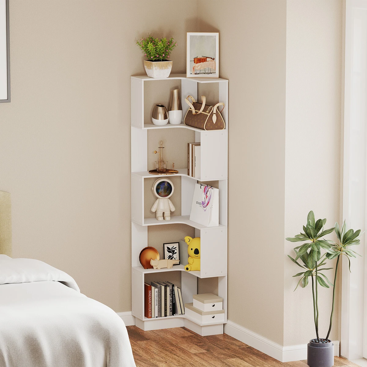 HOCUS PICUS Eck-Bücherregal Aus Holzwerkstoff – 5 Ebenen, 141x37x24 Cm, Dunkler Eicheneffekt, Einfach Montierbar, Für Wohnzimmer & Büro
