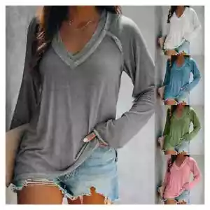 Women Fall V Neck Long Sleeve T Shirt Casual Solid Blouse Loose Tunic Basic Tops - Picture 1 of 32