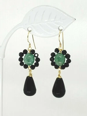 14k Yellow Gold Zambian Emerald, Back Onyx Teardrop and Black Spinel Earrings - Image 1 of 4