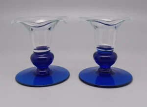Princess House Cobalt Blue and Clear Glass Candle Holders Set of 2 - Imagen 1 de 7