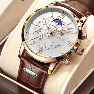 Men's Watches For Men Gold Quartz Chronograph Watch 3ATM Moon Phrase Leather - Picture 1 of 10