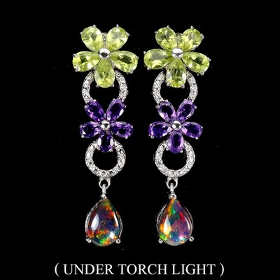 925 Sterling Silver Earrings Pear Black Opal 9x7mm Amethyst Gemstone Jewelry - Image 1 of 4