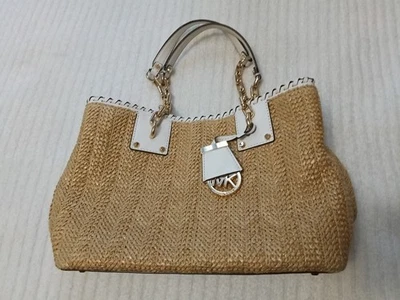 Michael Kors Straw Rosalie Tote Handbag Brown White Gold Tone Purse - Image 1 of 4