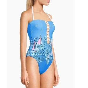 NEW Lilly Pulitzer Women 12 Novi One Pc Swimsuit Lattice Nautical Sail Prep - Picture 1 of 9