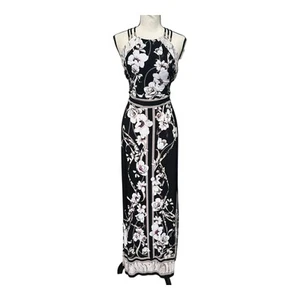 WHBM Floral Halter Maxi Dress Size Small Black White Orchid Floral Boho Elegant - Picture 1 of 6