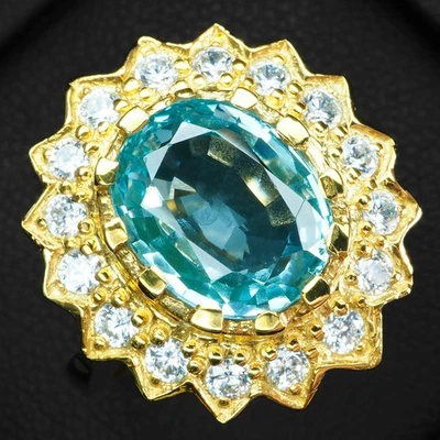 Anillos con halo de oro de 24 quilates de plata de ley 925 de 3,90 quilates de turmalina paraiba verde espuma de mar Foto 1 de 4