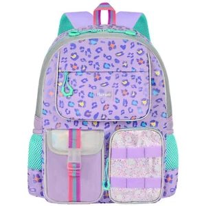 Girls School Backpack for Ages 6-12, Purple Leopard Print Bookbag with Adjust... - Picture 1 of 7
