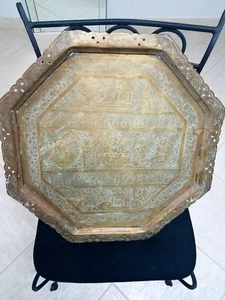 Antique large 24" Benares hexagon brass tray Hanuman Shiva Nandi India 19th c - Picture 1 of 13