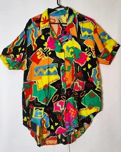 Vintage CLIO Damen Hemd Mehrfarbig Kurzarm Grafikdesign Viskose Gr. Lg - Bild 1 von 15