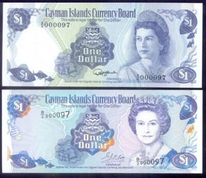 Cayman Islands 1 $ L1974 & 1996 with the same low ser. number 000097 P5e,16b UNC - Picture 1 of 2